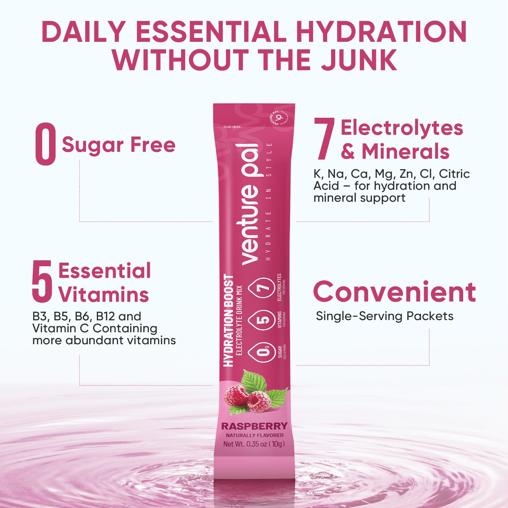 Venture Pal Sugar Free Electrolyte Powder, Liquid Daily IV Hydration Packet | 7 Electrolytes & 5 Vitamins, Electrolytes Dink Mix for Party Recovery & Instantly Hydration, Vegan, Keto-Friendly, 16 Sticks