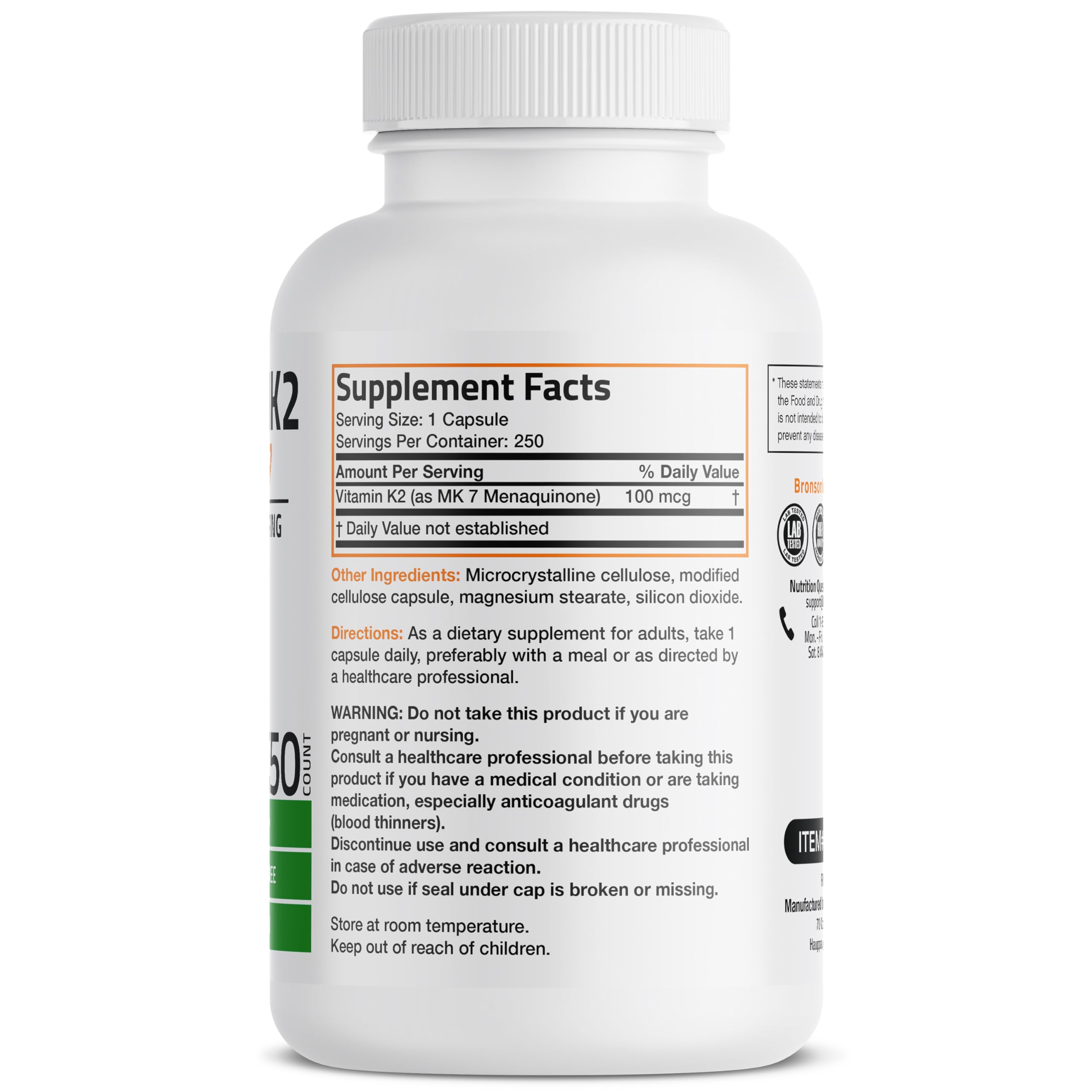 Bronson Vitamin K2 as MK-7 Menaquinone 100 mcg Non-GMO, 120 Capsules