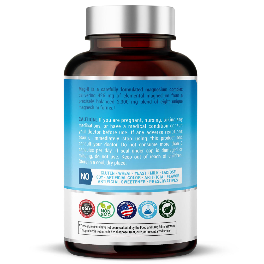 Supplement bottle labeled 'Magnesium 8-in-1 Complex' by Teraputics on a white background