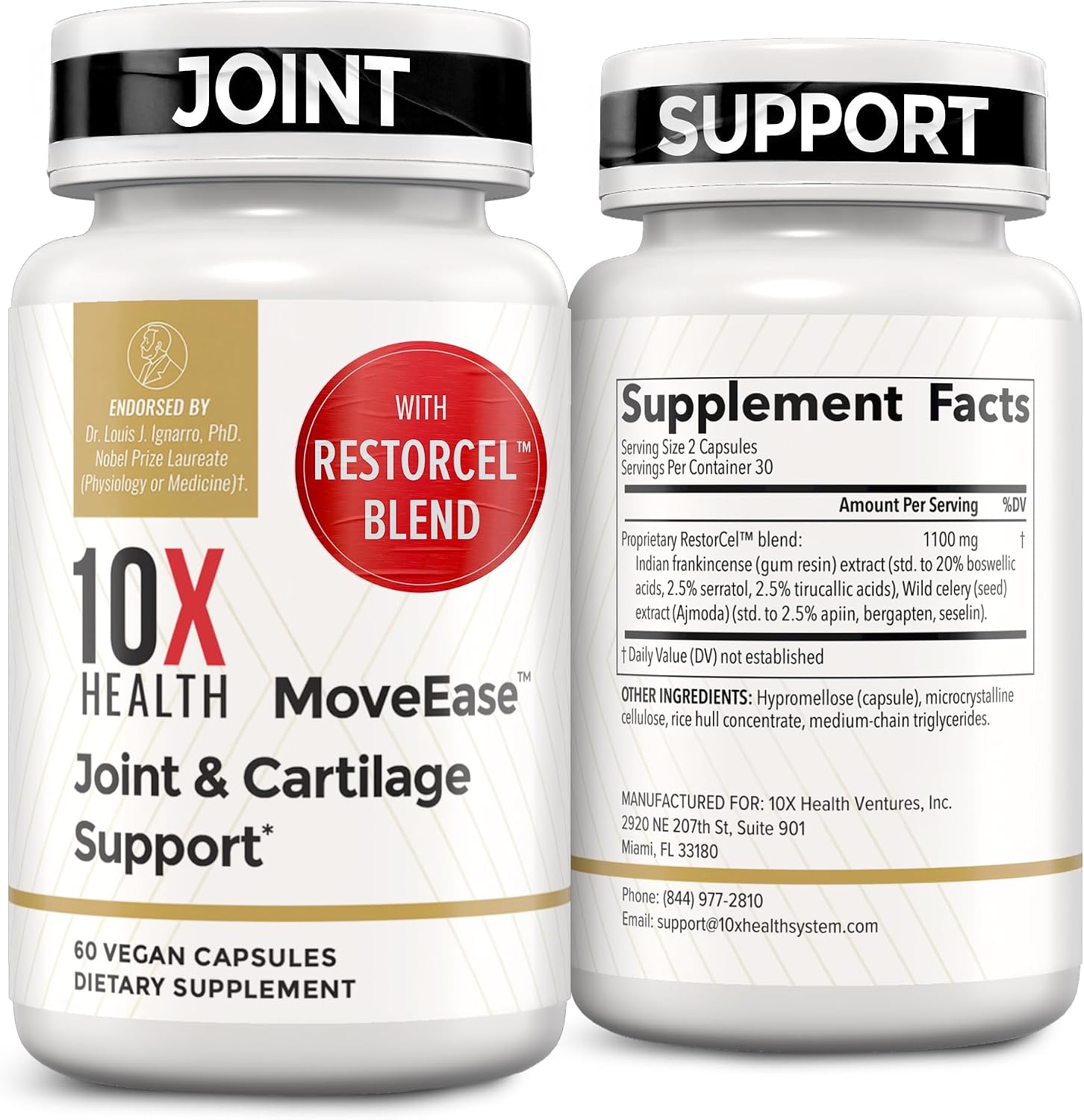 10X Health Joint Support Supplement - 60 Vegan Capsules | Cartilage Support Supplement: RestorCel Blend, Mobility Support for Knees & Hips, Vegan, 60ct