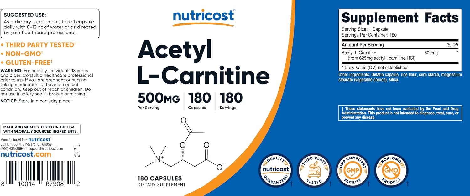 Nutricost Acetyl L-Carnitine (ALCAR) 500mg, 180 Capsules | GMO-Free and Gluten Free, 180 Servings