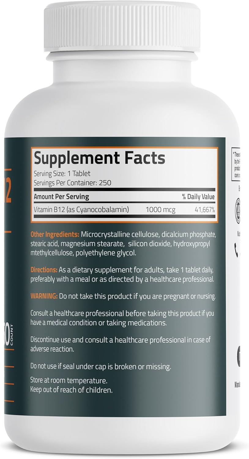 Bronson Vitamin B12 1000mcg Once Daily Formula Non-GMO, 250 Vegetarian Tablets