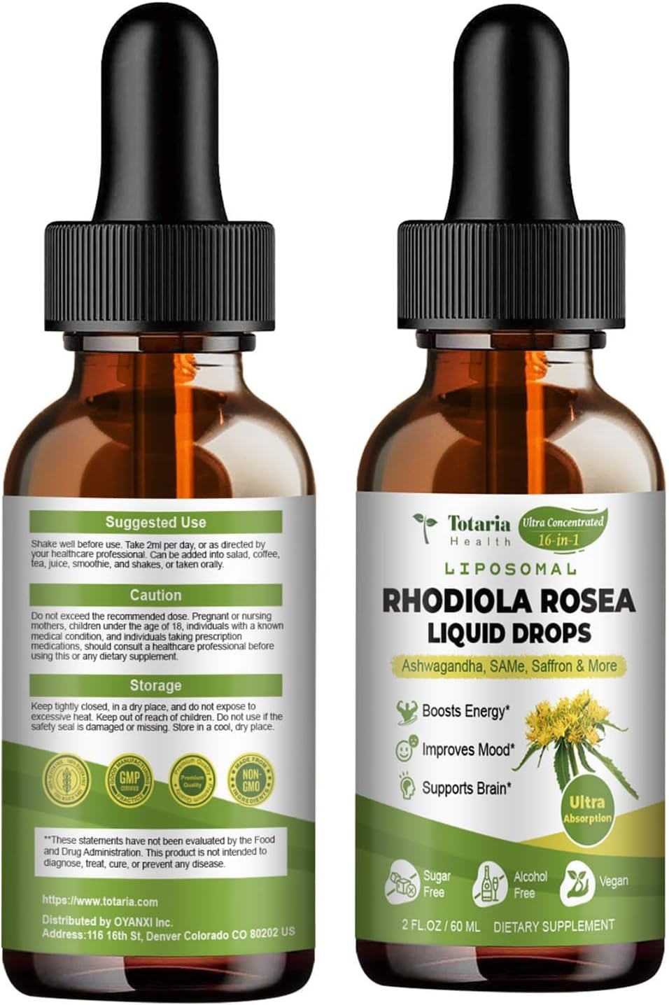 Totaria 16-in-1 Liposomal Rhodiola Rosea Supplement Tincture 1000mg, Ultra Strength Rhodiola 10:1 Root Extract w/Ashwagandha, Rhodiola Liquid Drops for Natural Relaxation, Mood, Energy, Alcohol-Free
