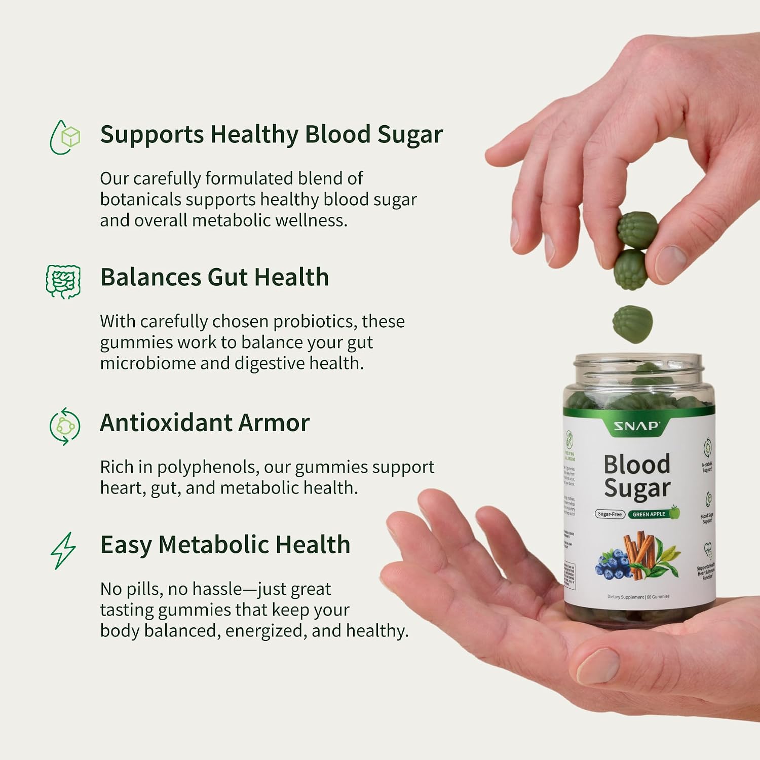 Snap Supplements Blood Sugar Gummies, Green Apple, 60 Sugar-Free Gummies | Support Already Healthy Blood Sugar Levels, with Cinnamon Bark, Blueberry Fruit Extract, Quercetin, (Packaging May Vary)