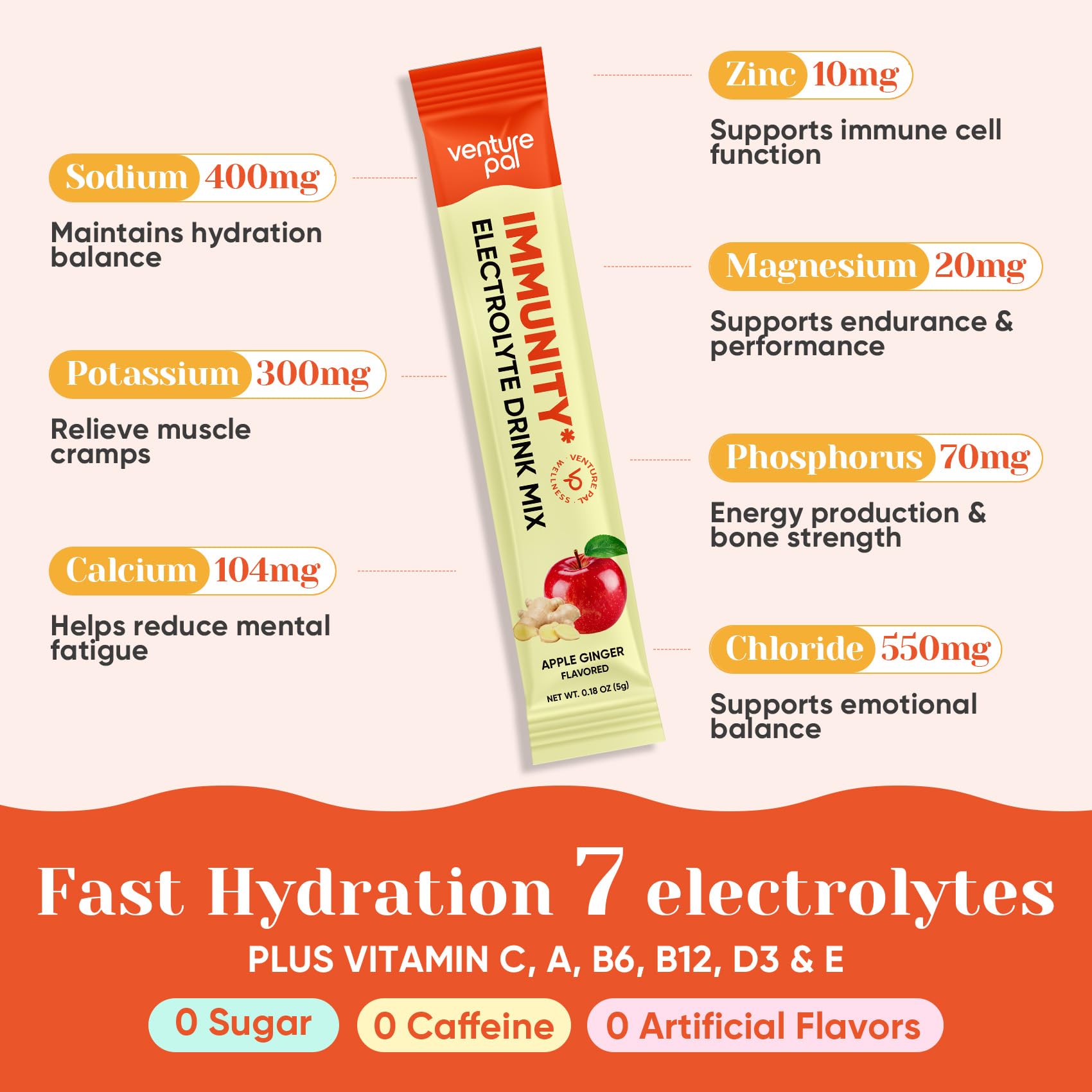 Venture Pal Sugar Free Hydration Packets+Immune-Liquid Daily IV Drink Mix | Electrolyte Powder with 7 Electrolytes & 6 Vitamins, Probiotics + Elderberry | Non-GMO, Keto Friendly, Vegan | 16 Sticks