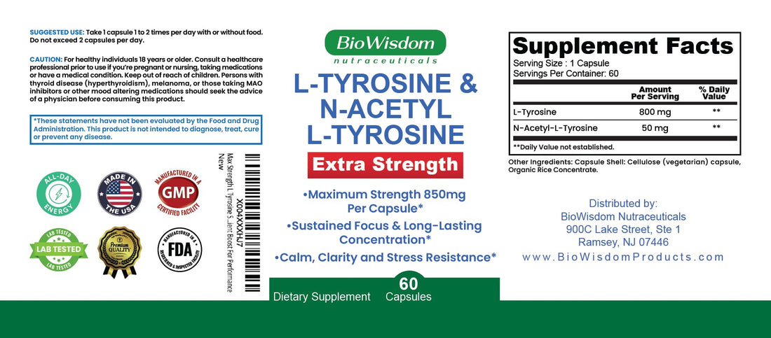 Supplement bottle labeled 'L-Tyrosine & N-Acetyl L-Tyrosine' by BioWisdom on a white background