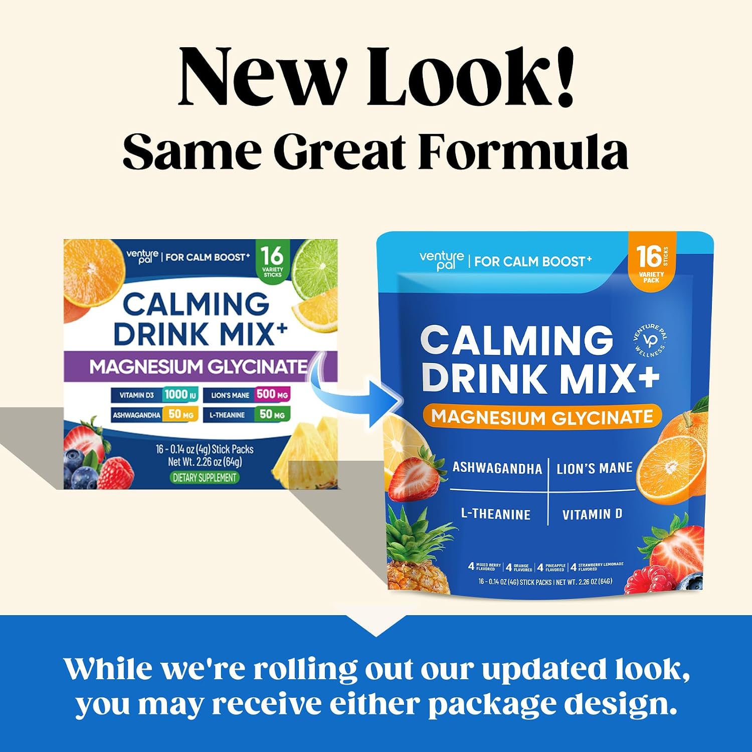Venture Pal Calm Drink Mix, 12-in-1 Cortisol Reducer & Sleep Aid | Magnesium Glycinate, Ashwagandha, L-Theanine & Vitamin D, Calm Magnesium Powder for Relax & Focus, No Sugar, Non GMO