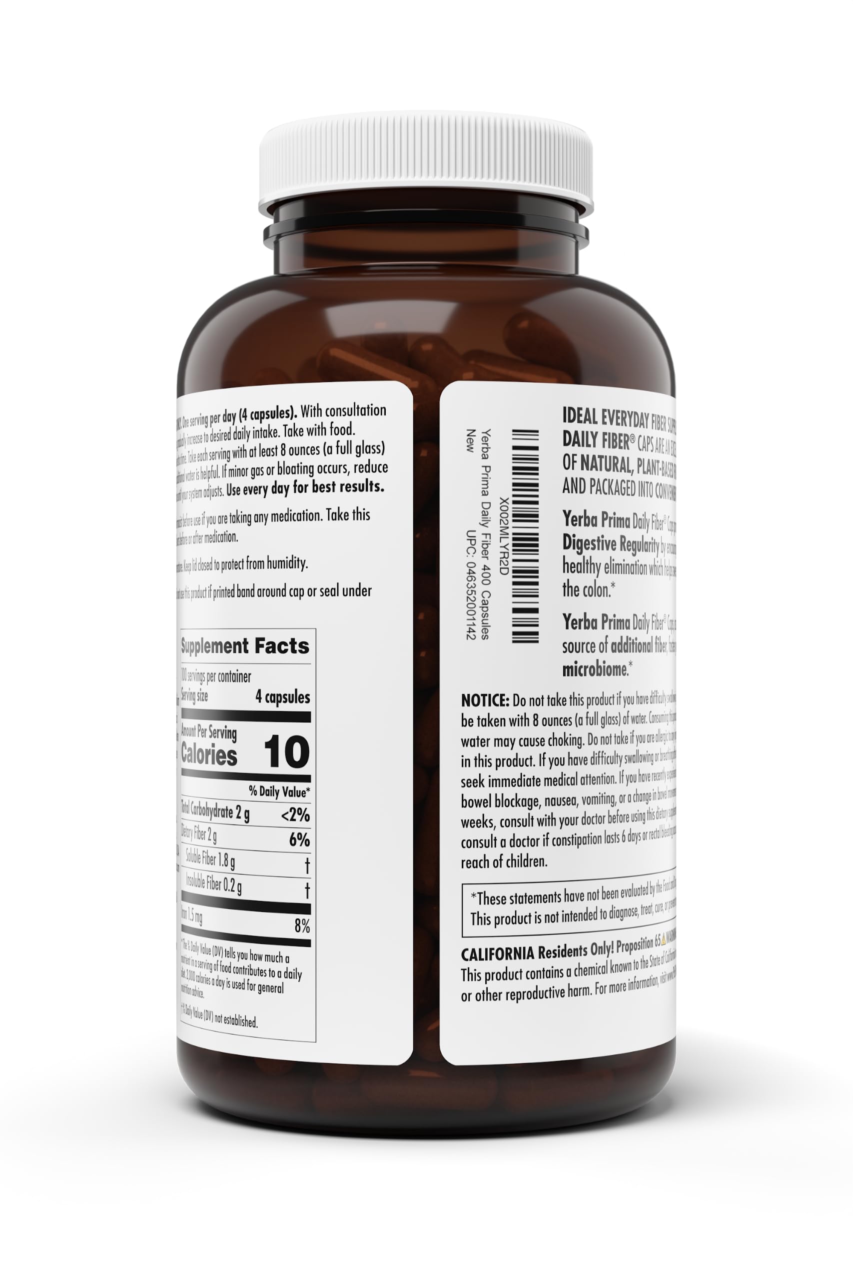 Yerba Prima Daily Fiber Caps Formula, 400 Capsules - Both Soluble and Insoluble - with Psyllium Seed Husks, Acacia Gum, Apple Fiber and More - Dietary Supplement
