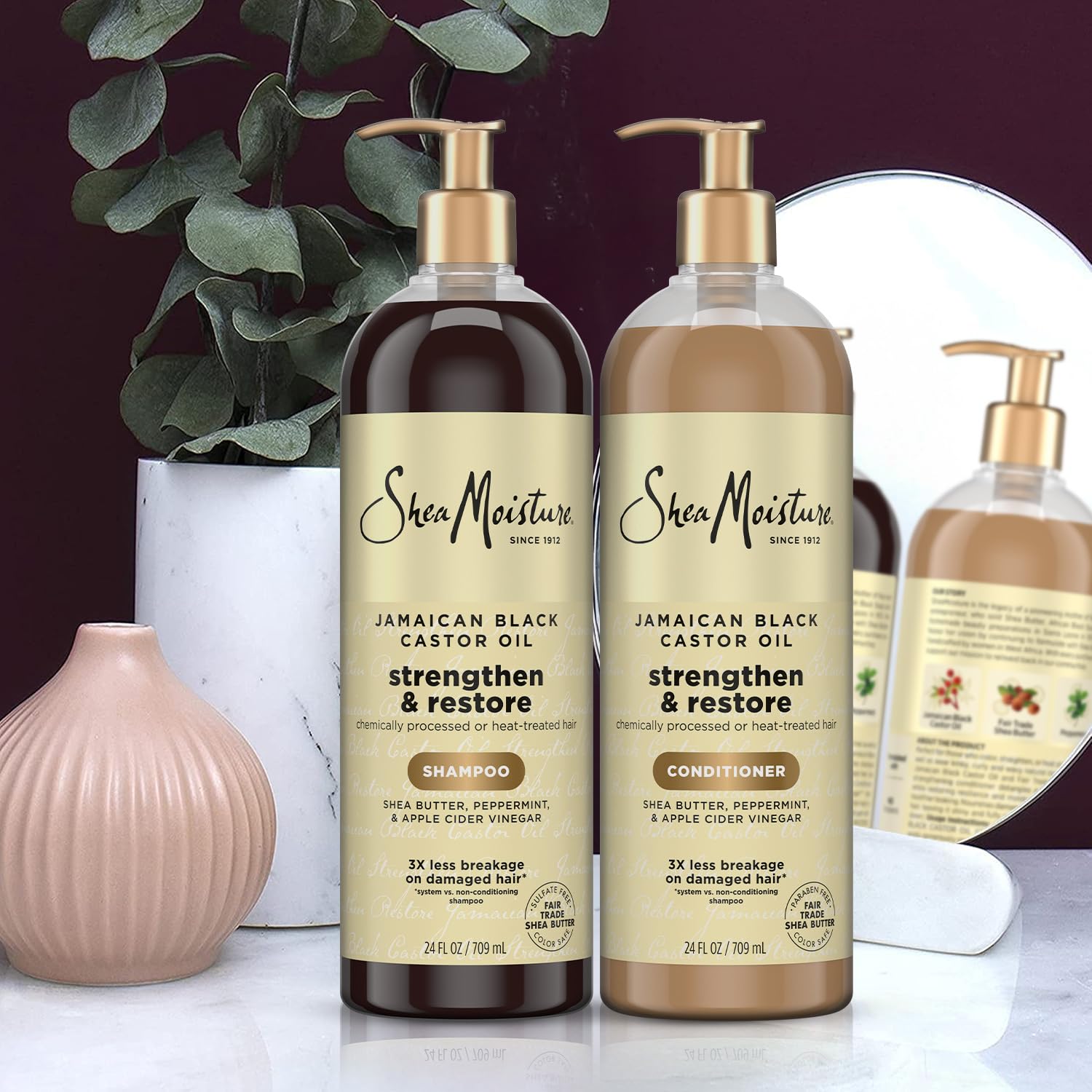 SheaMoisture Shampoo & Conditioner Set, Jamaican Black Castor Oil | Strengthen & Restore Repair Treatment for Dry, Damaged Hair | Wavy, Coily, Kinky & Curly Hair | Shea Butter, Peppermint & ACV