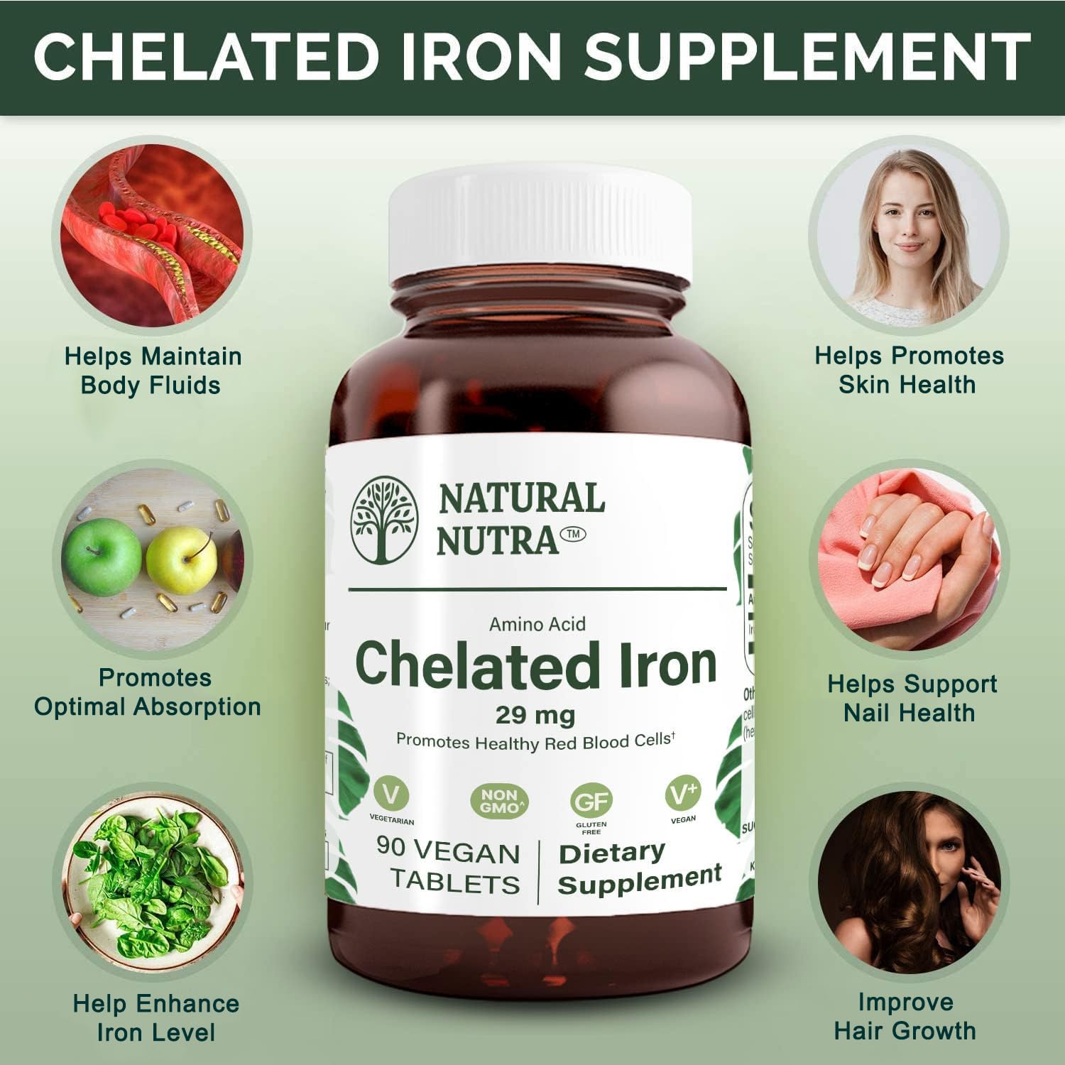 Natural Nutra Chelated Iron Supplement for Men & Women, Nails Health, Promotes Optimal Absorption, Helps Enhance Iron Level, Maintain Body Fulid, Help to Improves Hair Growth, Skin Health, 180 Tablets