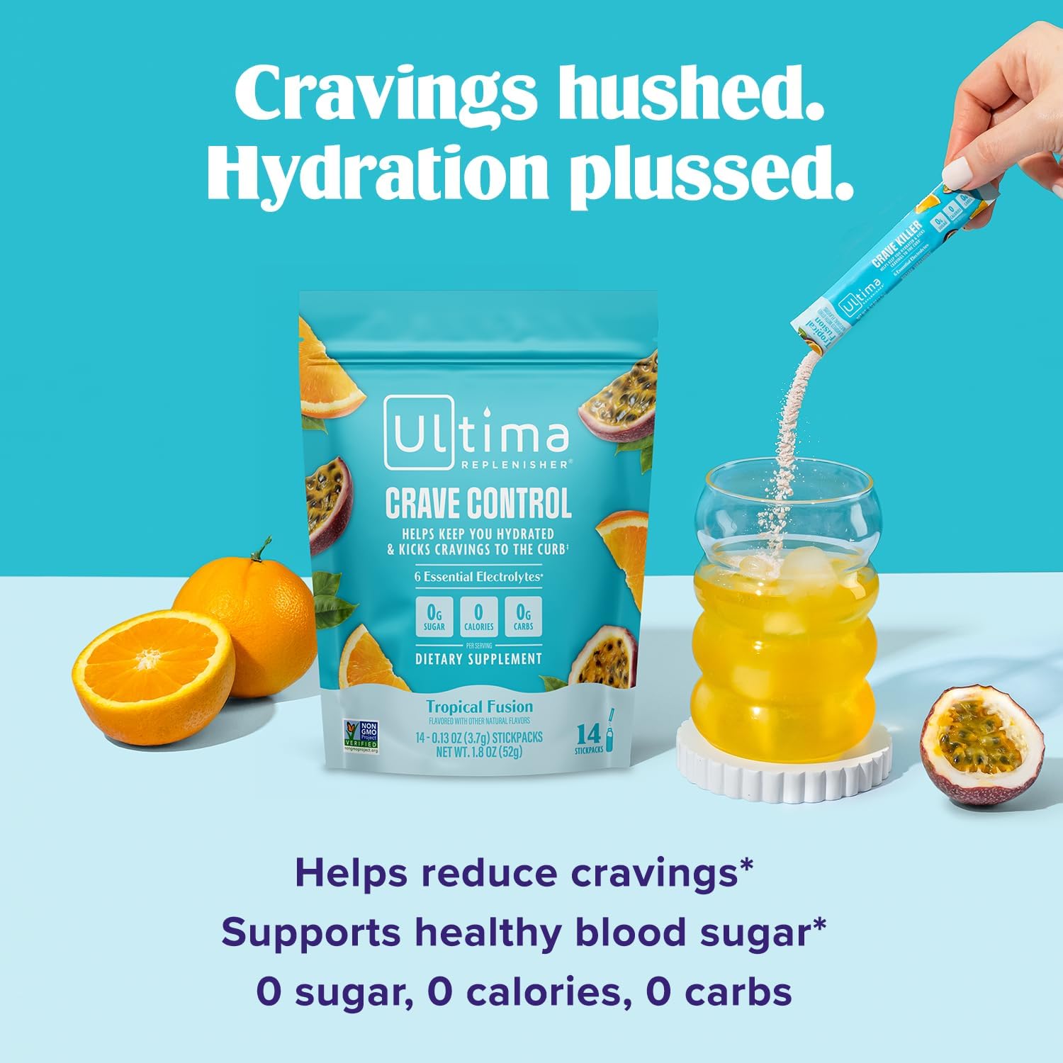 Ultima Replenisher Crave Control Supplement, Tropical Fusion, 14 Stickpacks | Daily Zero Sugar Electrolyte Powder Hydration Packets with 6 Key Electrolytes & Chromax to Help Curb Cravings - Keto Friendly