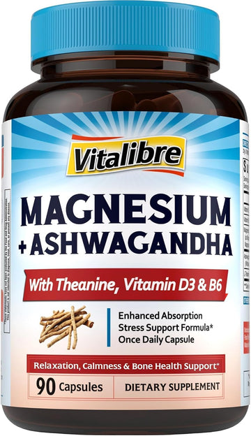 Vitalibre Magnesium Complex with Ashwagandha, L-Theanine & Vitamin D3, B6 | Stress Relief, Bone & Relaxation Support - w/ Magnesium Glycinate, Citrate, Malate, Taurate - Non-GMO, 90 Capsules