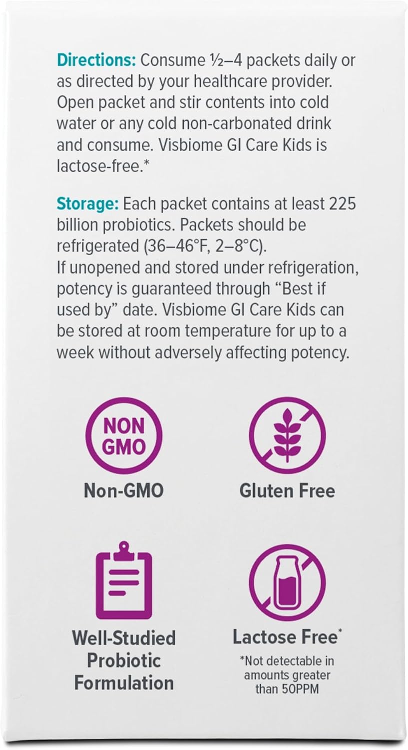Visbiome® GI Care Kids Probiotic, 225B CFU, Wild Berry, 30 Packets | Original De Simone Formulation®, Multi-Strain, Refrigerated Probiotics, Low FODMAP Certified, Dye-Free, Made in USA