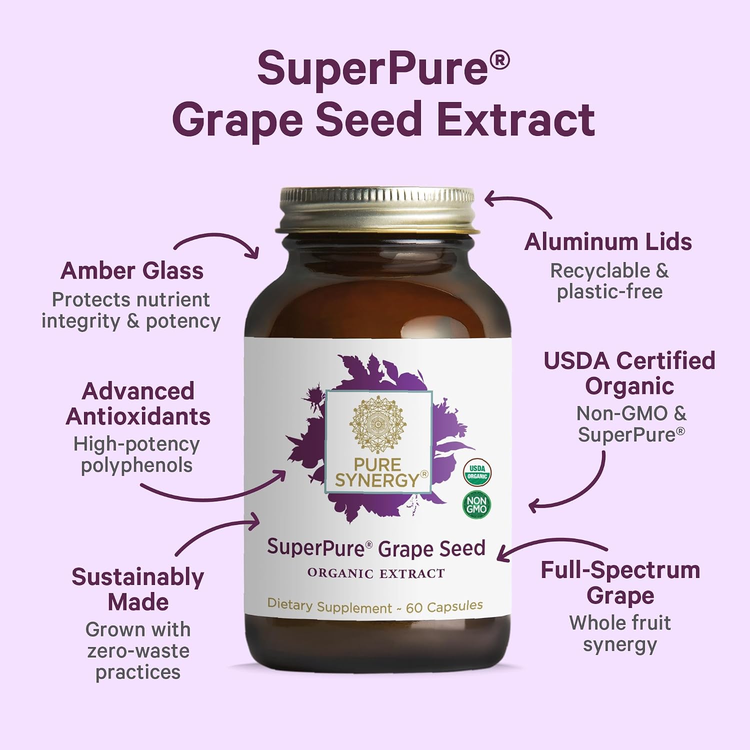 Pure Synergy SuperPure Grape Seed Extract | Organic Grape Seed Polyphenols Supplement with Whole Fruit | for Heart Health, Skin, and Healthy Aging Support (60 Capsules)