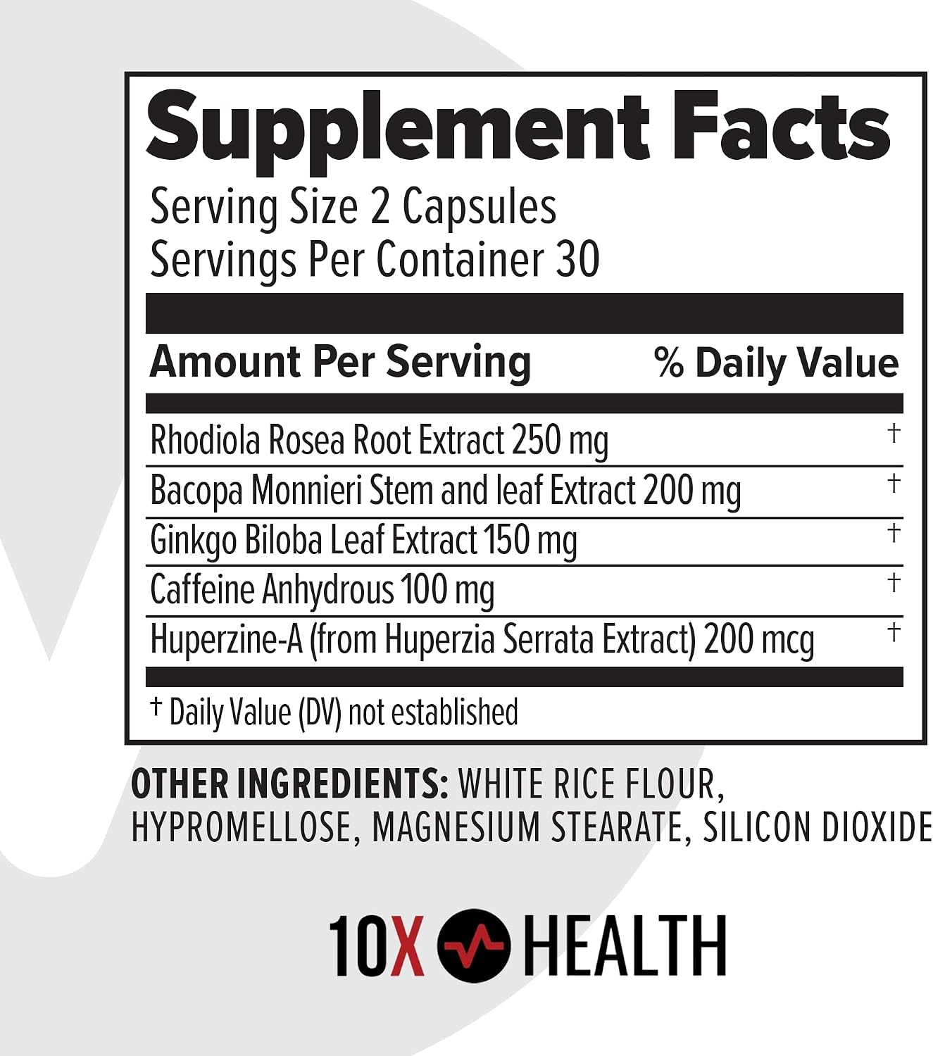 10X Health Focus Supplement - 60 Capsules | Brain Supplements for Memory and Focus: Rhodiola Rosea & Huperzine A, Memory Support, 60 Capsules, Non-GMO