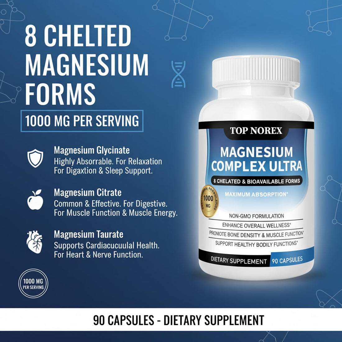 Supplement bottle labeled 'Top Norex Magnesium Complex Ultra' with health foods like bananas, nuts, and avocados on a white background.