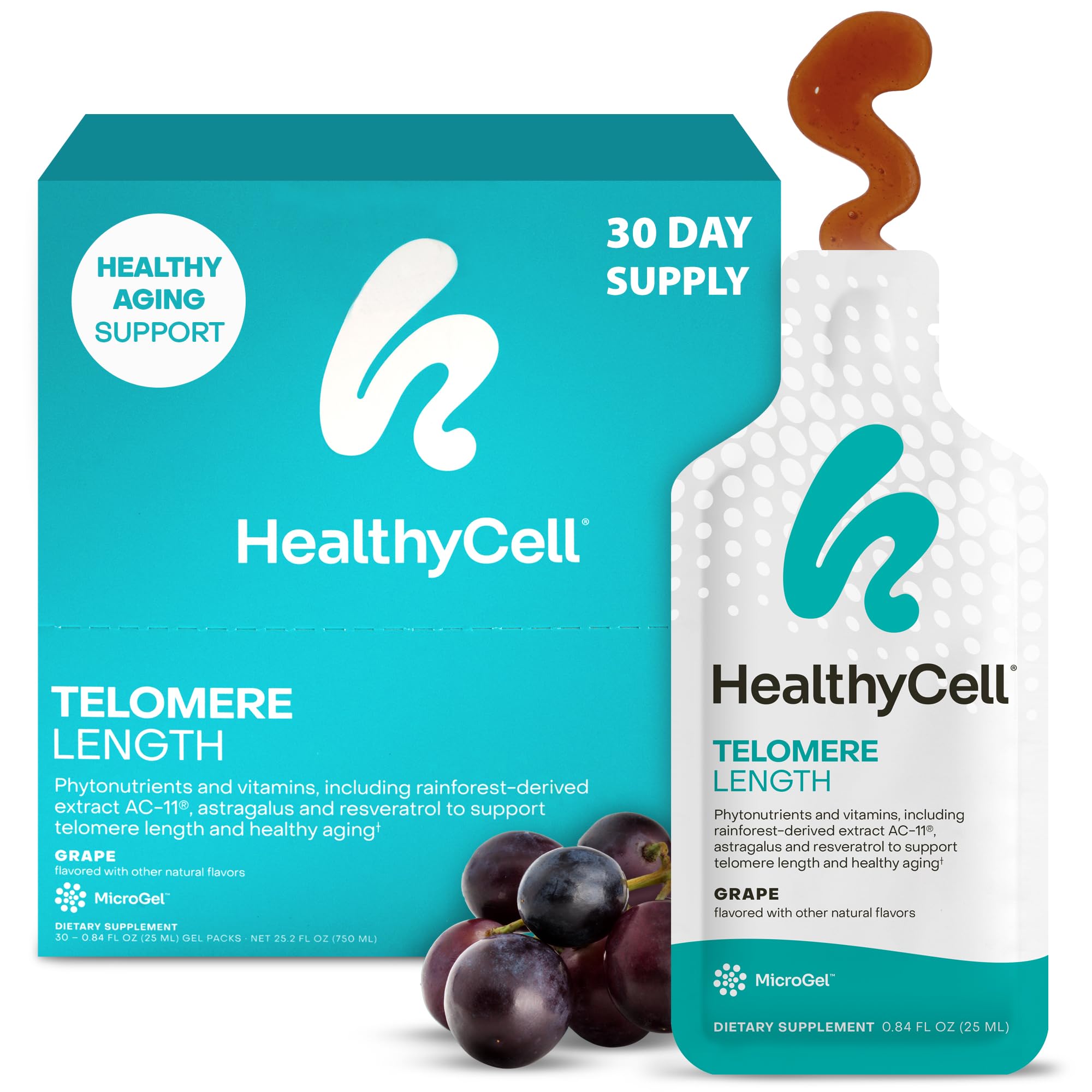 HealthyCell Telomere Length Supplement - Anti-Aging Telomere Lengthening Supplements with Phytonutrients & Vitamins for Cellular Health - AC-11, Astragalus & Resveratrol - 30 Gel Packs, Grape Flavored Healthycell buy supplements Au