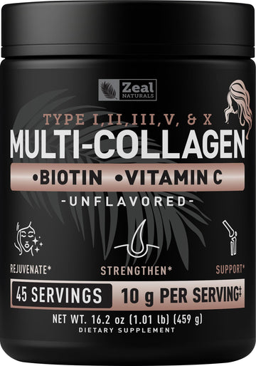 Zeal Naturals Multi Collagen Protein Peptides Powder Types I II III V X - Vitamin C, Biotin & Hyaluronic Acid - Hair, Skin & Nails - Marine, Bovine, Chicken & Eggshell - Unflavored, 45 Servings Zeal Naturals buy supplements Au