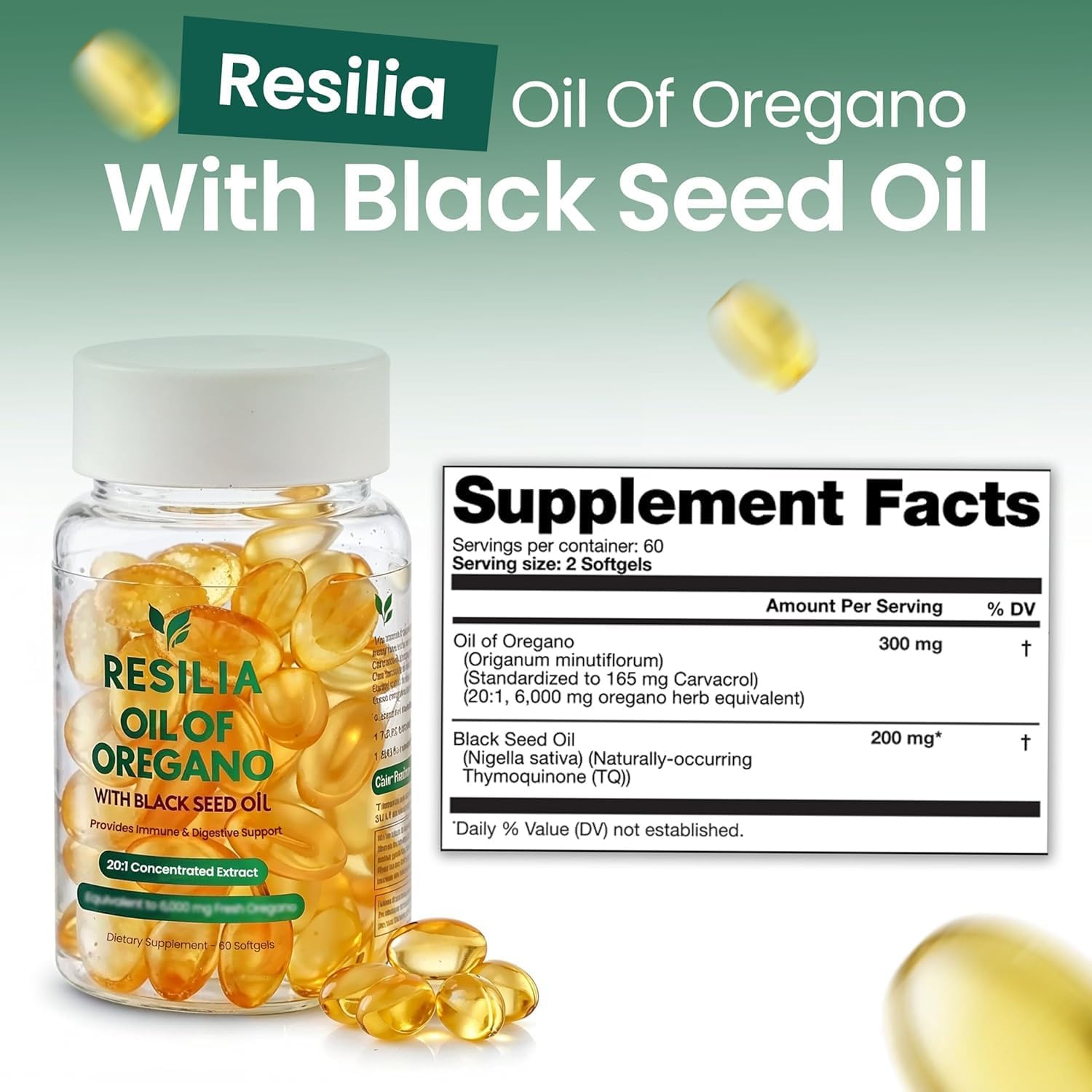 Resilia Black Seed Oil Softgels – Organic Oil of Oregano Capsules for Immune & Digestive Support – Non-GMO, Gluten-Free – New Bottle Packaging (60 Count)