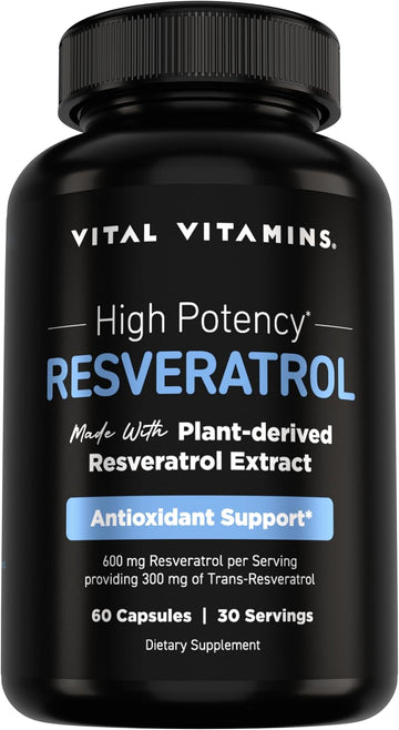 Vital Vitamins Resveratrol, 600mg with 300mg Trans-Resveratrol | Antioxidant Support for Cellular Longevity & Cognitive Function, Non-GMO, 60 Capsules