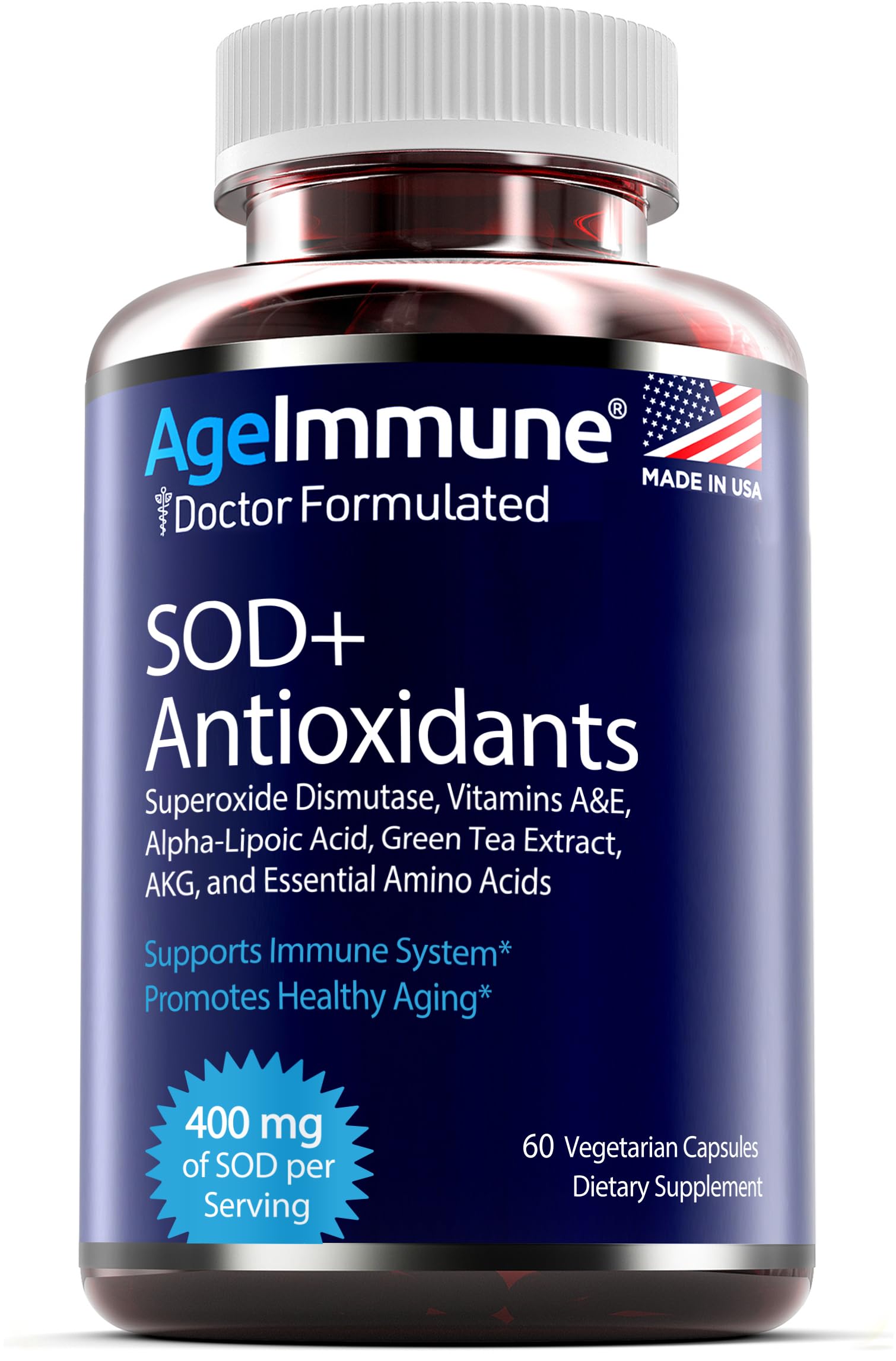 SOD Antioxidants Complex Healthy Aging Supplement - 400mg of Superoxide Dismutase - Alpha Lipoic Acid - Green Tea Extract - L-Arginine - Lysine - AKG - Vitamins A and E for Immune Support-120 Capsules