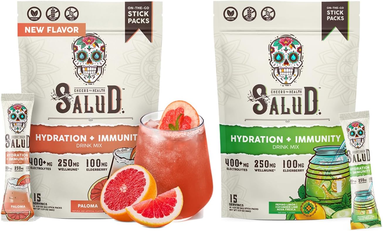 Salud 2-Pack | 2-in-1 Hydration + Immunity (Paloma) & Hydration + Immunity (Cucumber Lime) – 15 Servings Each, Agua Fresca Drink Mix, Non-GMO, Gluten Free, Vegan, Low Calorie, 1g of Sugar