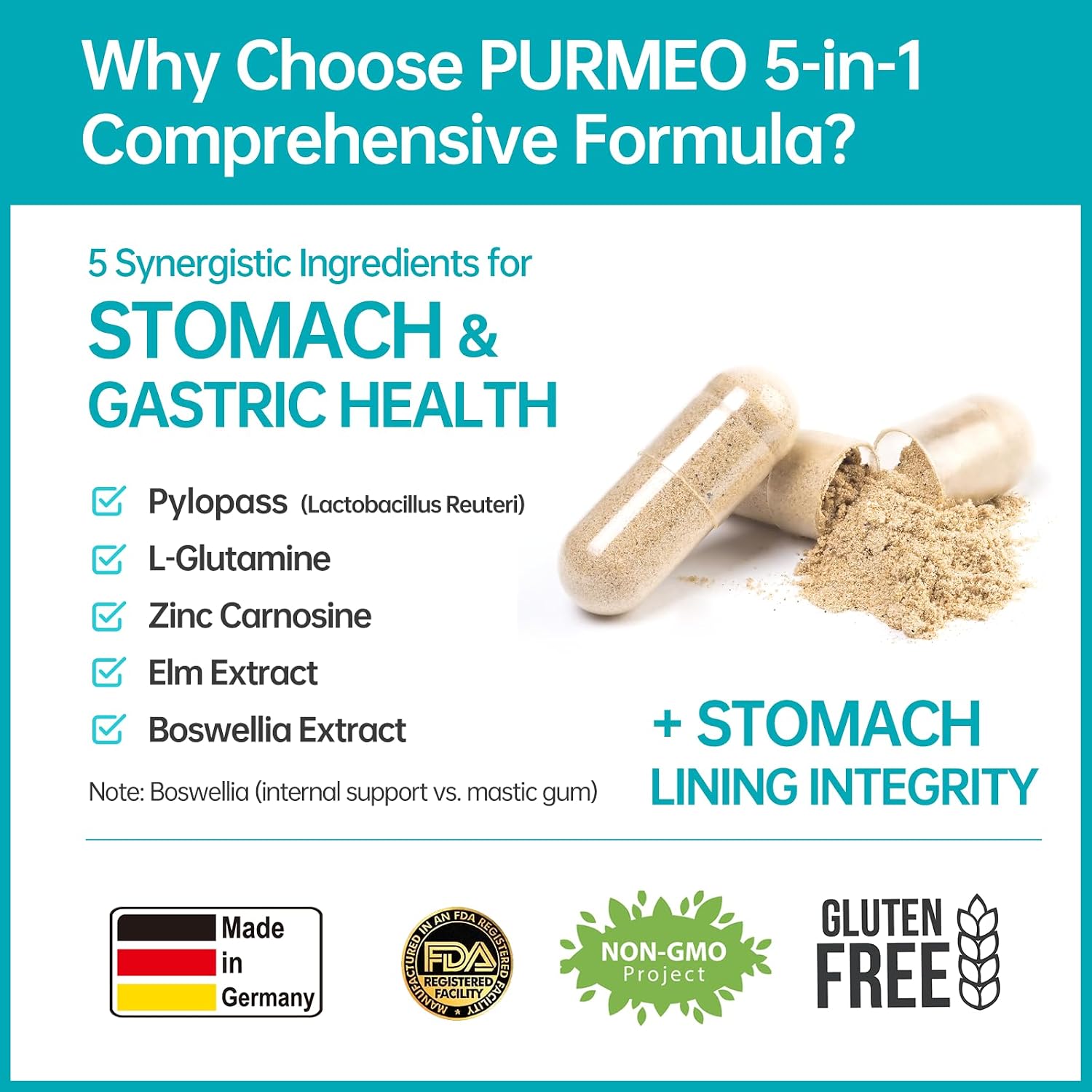 5-in-1 High Potency H. Pylori Probiotic, 1 Per Day - Supports Gastric Lining Integrity, Occasional Indigestion, Acid Comfort - Pylopass Lactobacillus Reuteri, Gluten Free, Vegan, 30ct, Made in Germany