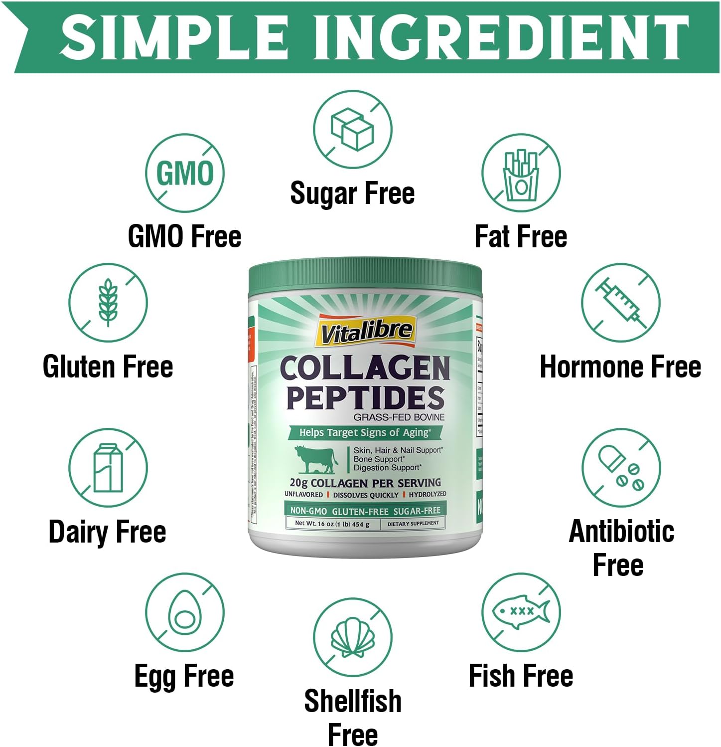 Vitalibre Bovine Collagen Peptides Powder for Women and Men, Grass-Fed Hydrolyzed Collagen Protein Type I & III, Skin, Hair, Nails, Bones, Digestion, Unflavored, Non-GMO, Keto & GF, 22 Servings, 16oz