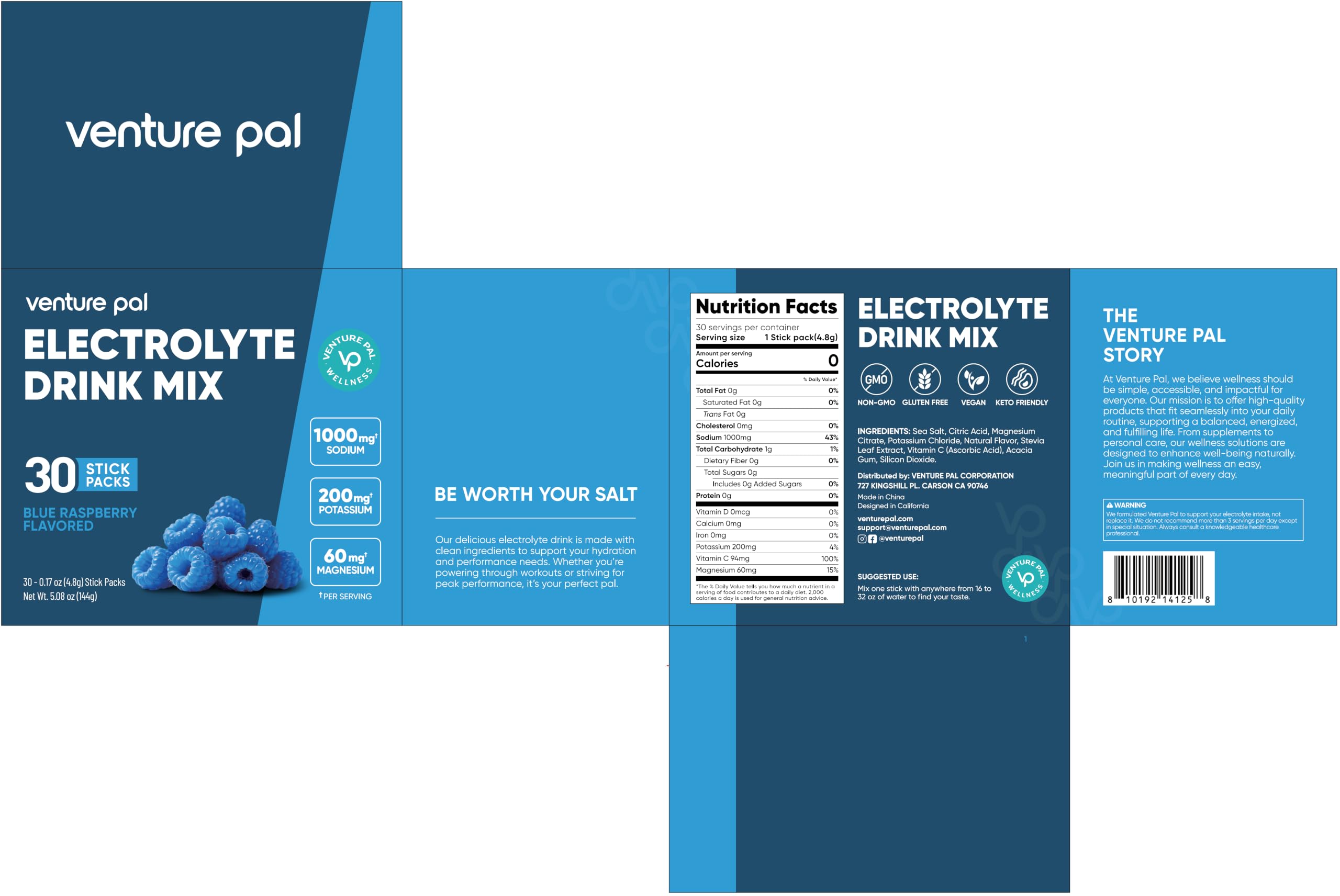 Venture Pal High Sodium Sugar Free Electrolytes Powder Packets, 16 Count | Hydration Packets with Sodium, Magnesium & Potassium, Vitamins, Zero Calories, Vegan, Keto & Paleo Friendly
