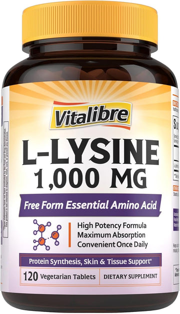 Vitalibre L-Lysine 1000 mg, High Potency L-Lysine HCl, Free Form Essential Amino Acid, Protein & Collagen Synthesis, Immune Support, Maximum Absorption, Vegan, 120 Tablets