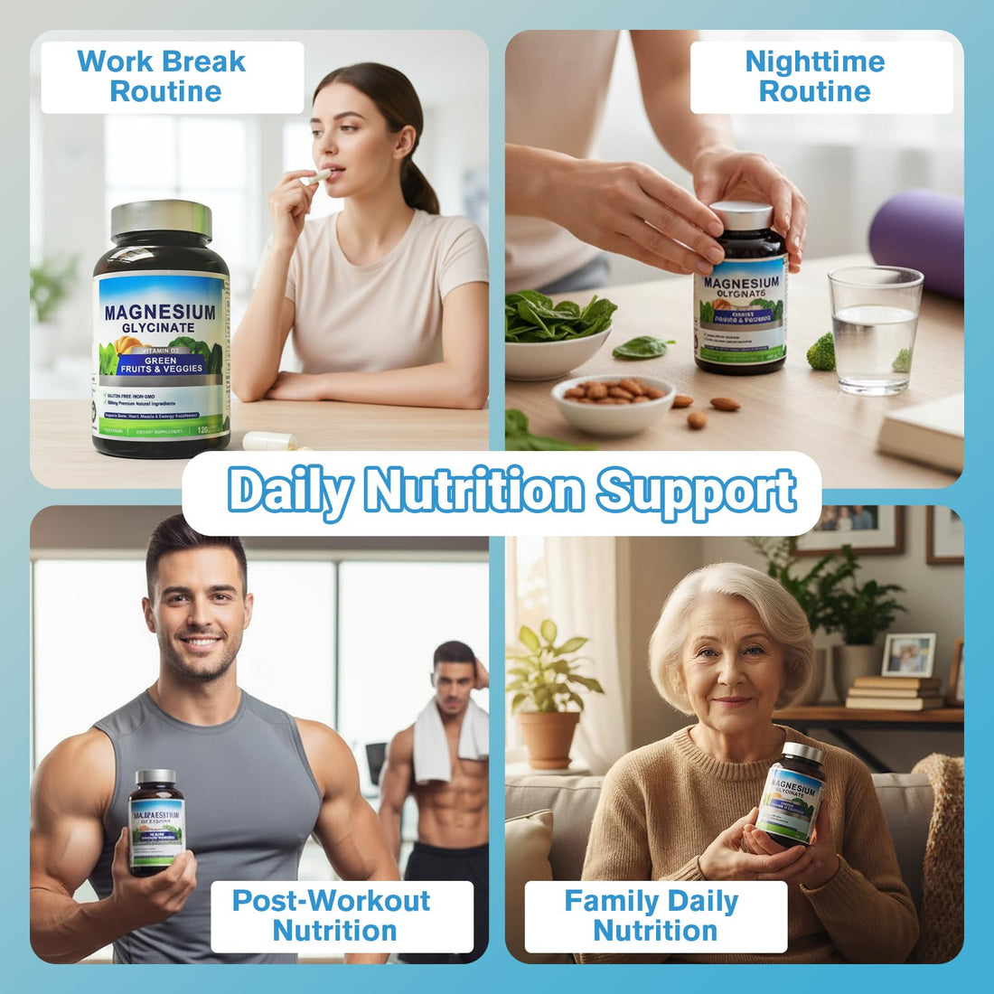 Bottle of magnesium glycinate supplement with fruits and vegetables on a white background
