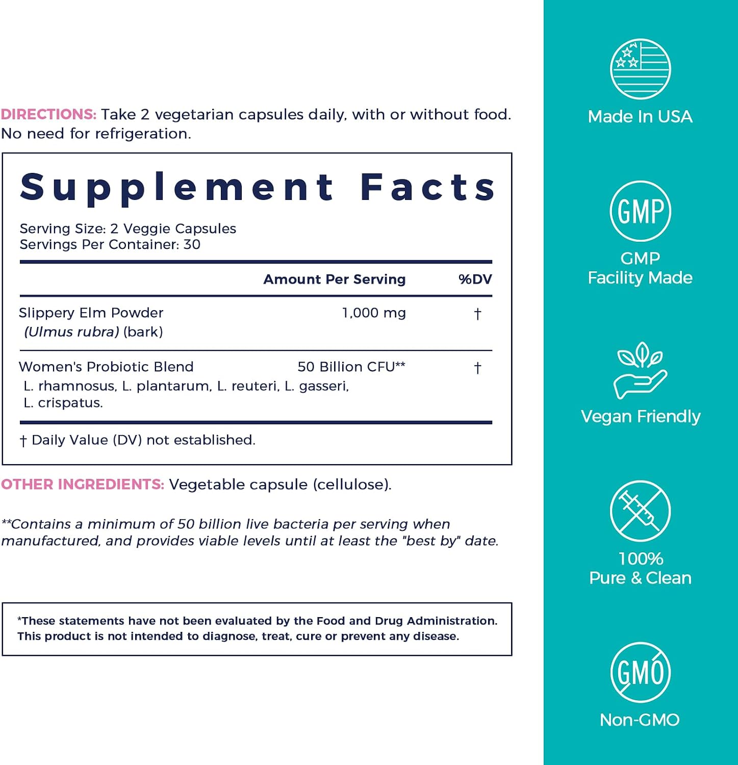 NewRhythm Women's Probiotics Slippery Elm Bark, 50 Billion CFU Per Serving, 5 Strains, All Natural, Non-GMO, Vaginal, Digestive & Immune System Support, 60 Vegan Caps