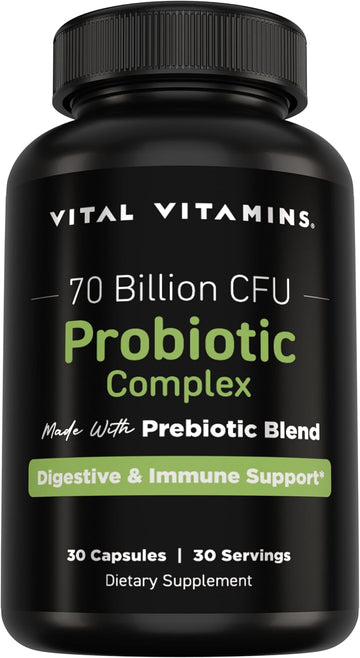 Vital Vitamins Probiotic Complex, 70 Billion CFU for Men & Women | 10-Probiotic Strain Blend with Prebiotic FOS, Supports Digestion & Immunity, Shelf-Stable, 30 Capsules