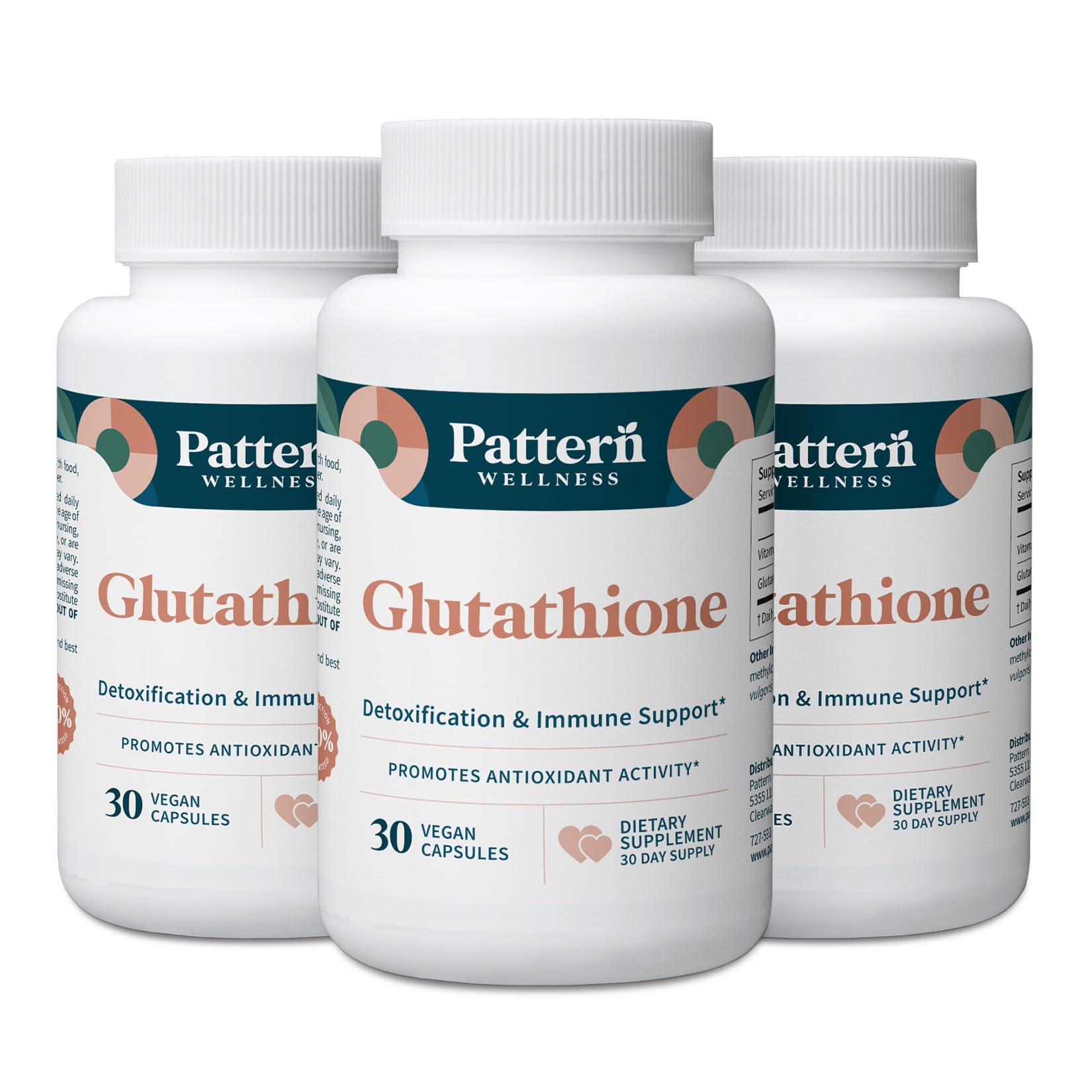 Pattern Wellness Glutathione Supplement - Active Reduced Glutathione Formula with Added Vitamin C - Cell, Antioxidant, + Immune Health Support - 30 Vegan Capsules