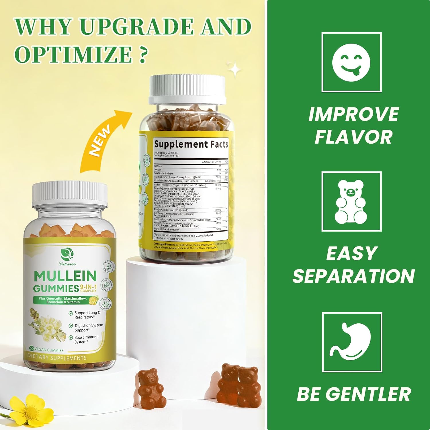 (2 Pack) Mullein Gummies for Lung Cleanse & Lymphatic Drainage* -120 Count | Extra Strength Mullein Leaf Extract w/Quercetin, Elderberry & Marshmallow for Respiratory & Immunity - for Women & Men-Vegan