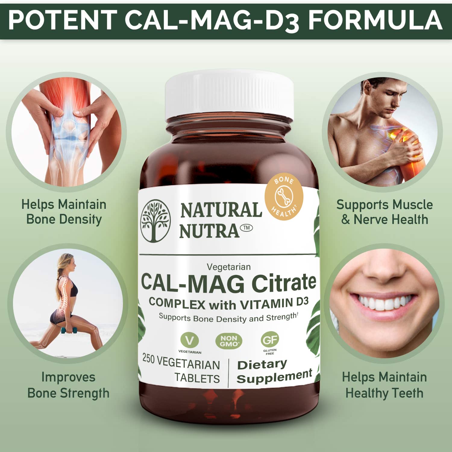 Natural Nutra Cal-Mag Citrate with Vitamin D3,1000/500 mg Complex, Strengthen Bone Density, Muscle and Nerve Health, Help Maintain Healthy Teeth, Highly Bioavailable Sources, 100 Vegan Tablets
