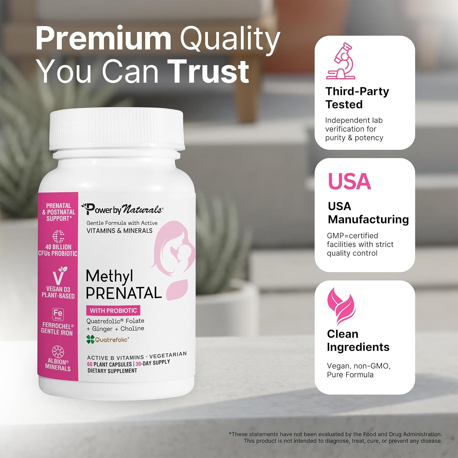 Power By Naturals Methyl Prenatal with Probiotics – Prenatal Vitamins for Women with Iron, Methyl Folate, B12 & 28 Nutrients & Botanicals – Vegan, Non-GMO, Gluten-Free – 60 Capsules (1-Month Supply)