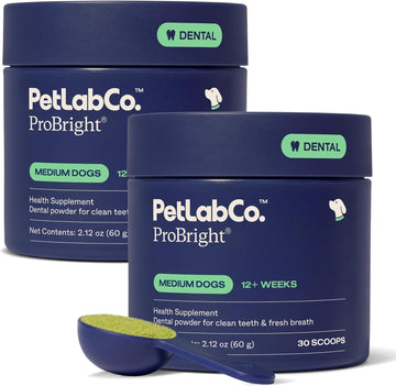 PetLab Co. ProBright Dental Powder - Dog Breath Freshener - Teeth Cleaning Made Easy – Targets Tartar & Bad Breath - Formulated for Medium Size Dogs - Pack of 2
