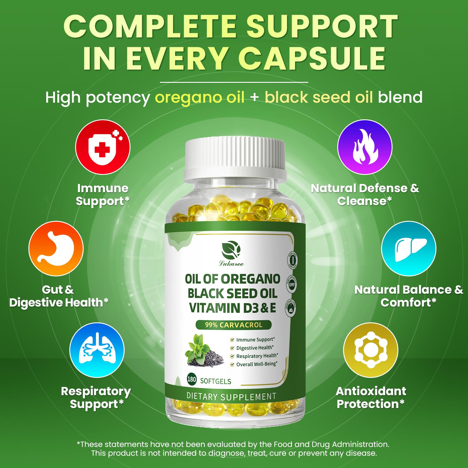 Oregano Oil Softgels with Black Seed Oil, 99% Carvacrol, 180 Ct, 3 Month | 5-in-1 with Vitamin D3 E Black Pepper, Immune, Respiratory, Digestive & Antioxidant*, Ultra-Concentrated, Easy to Swallow