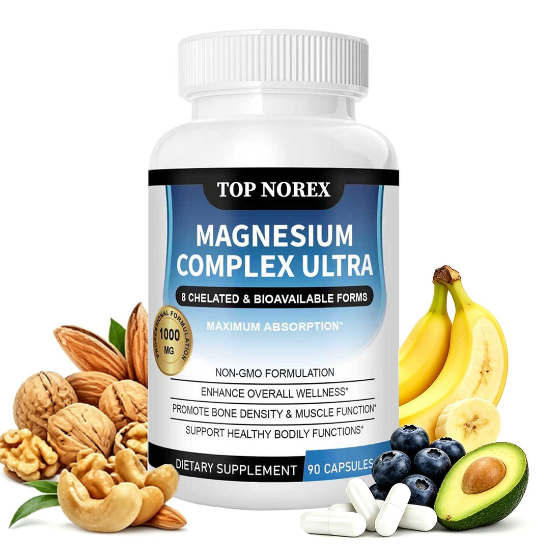 Supplement bottle labeled 'Top Norex Magnesium Complex Ultra' with health foods like bananas, nuts, and avocados on a white background.