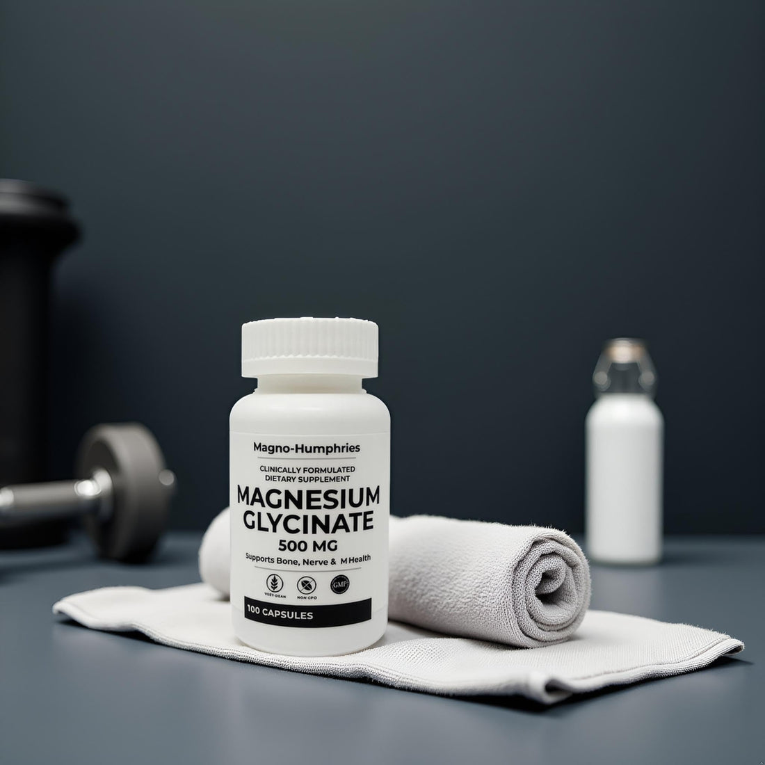 Supplement bottle labeled 'Magnesium Glycinate 500 MG' by Magno-Humphries on a white background