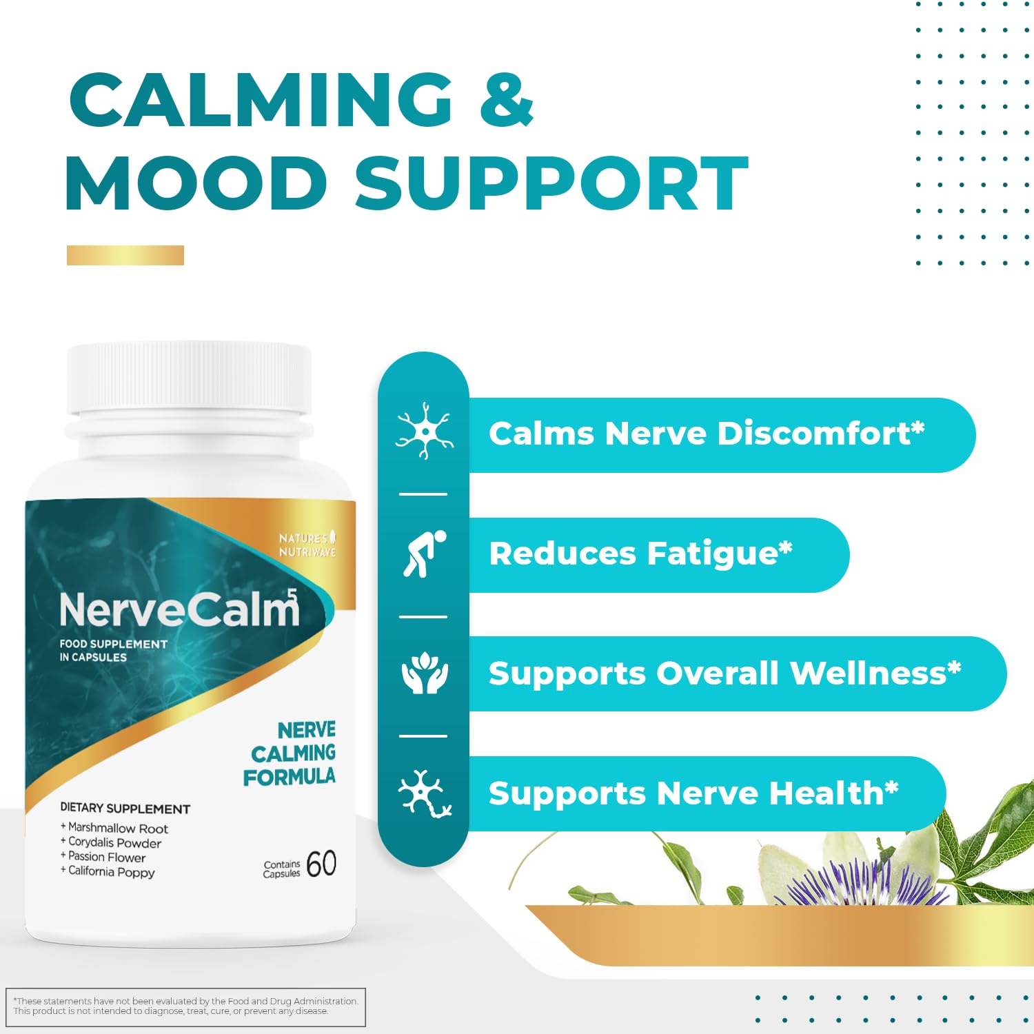 NerveCalm – Passion Flower & Prickly Pear Caps – 30 Ct, 1 Month Supply | Passion Flower, Prickly Pear & California Poppy | Vegan, Non-GMO, Made in USA | Easy-to-swallow capsule