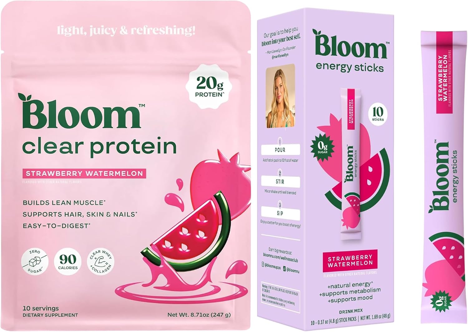 Bloom Strawberry Watermelon Clear Protein and Strawberry Watermelon Energy Packets Bundle