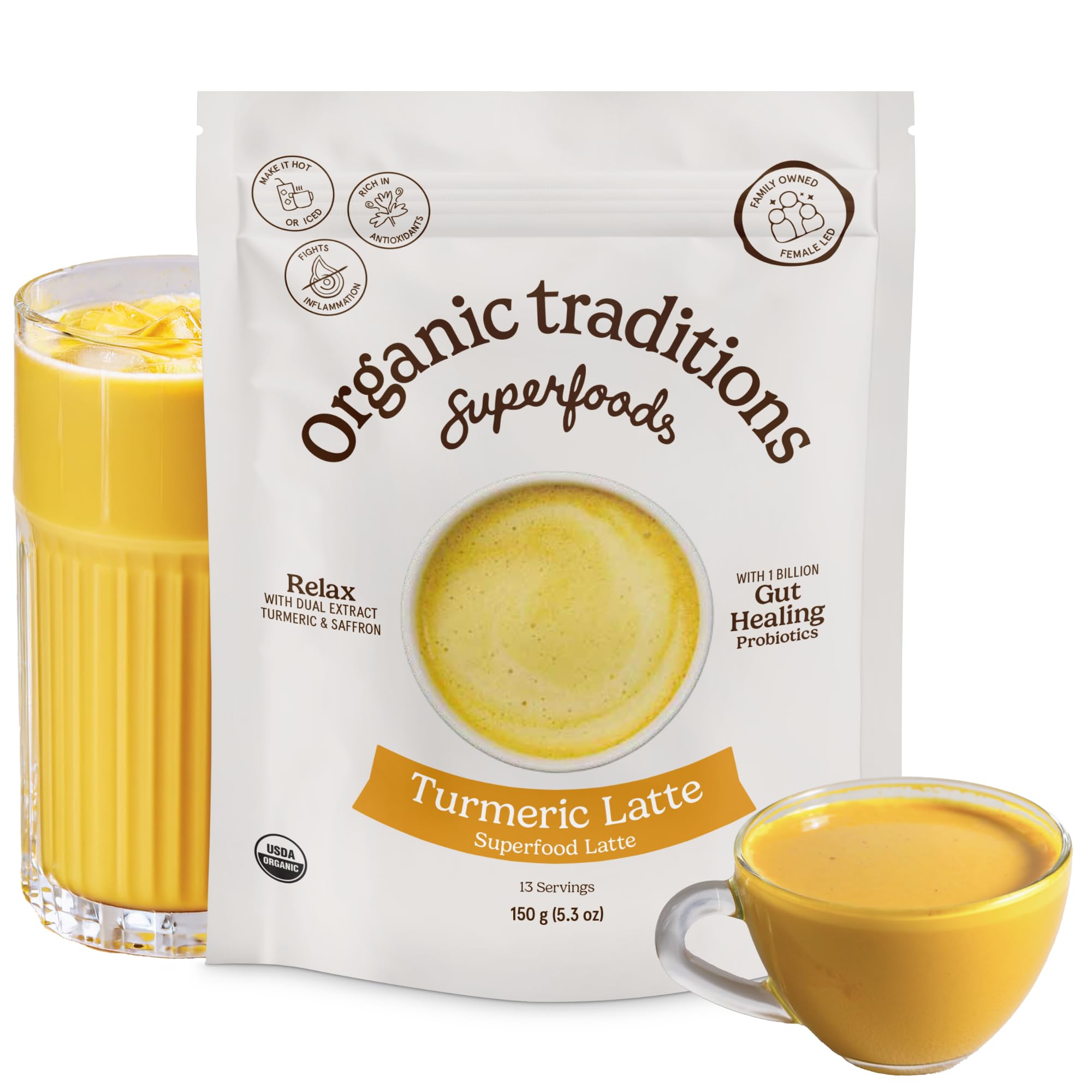 Organic Traditions Lavender Latte Calming Drink Mix, Caffeine Free Latte Blend with Lavender Powder, Tart Cherry, Probiotics, Reishi, and Ashwandha, Evening Beverage for Gentle Wind Down, 150g / 5.3oz