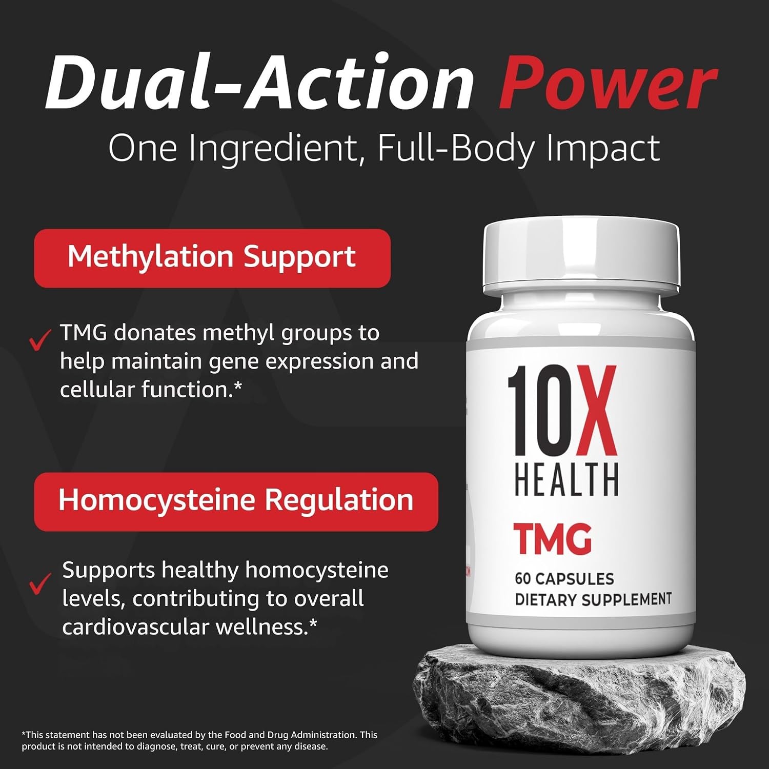 10X Health Tmg Supplements - 60 Capsules | Trimethylglycine: Betaine Anhydrous, Liver & Heart Support, Non-GMO & Gluten-Free