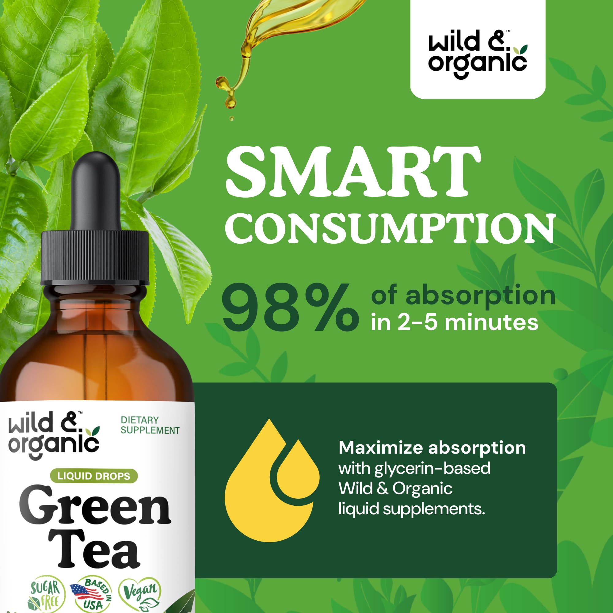 Wild & Organic Green Tea Extract Liquid Drops - Antioxidant Support - Pure Green Tea Supplement - 84-Day Supply - Vegan, Sugar & Alcohol-Free Camellia Sinensis Tincture - 4 fl oz