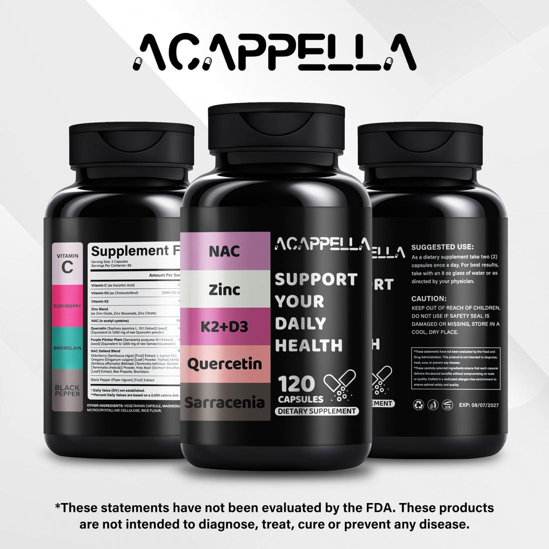 Black supplement bottle labeled 'Acappella' with health benefits listed on a white background