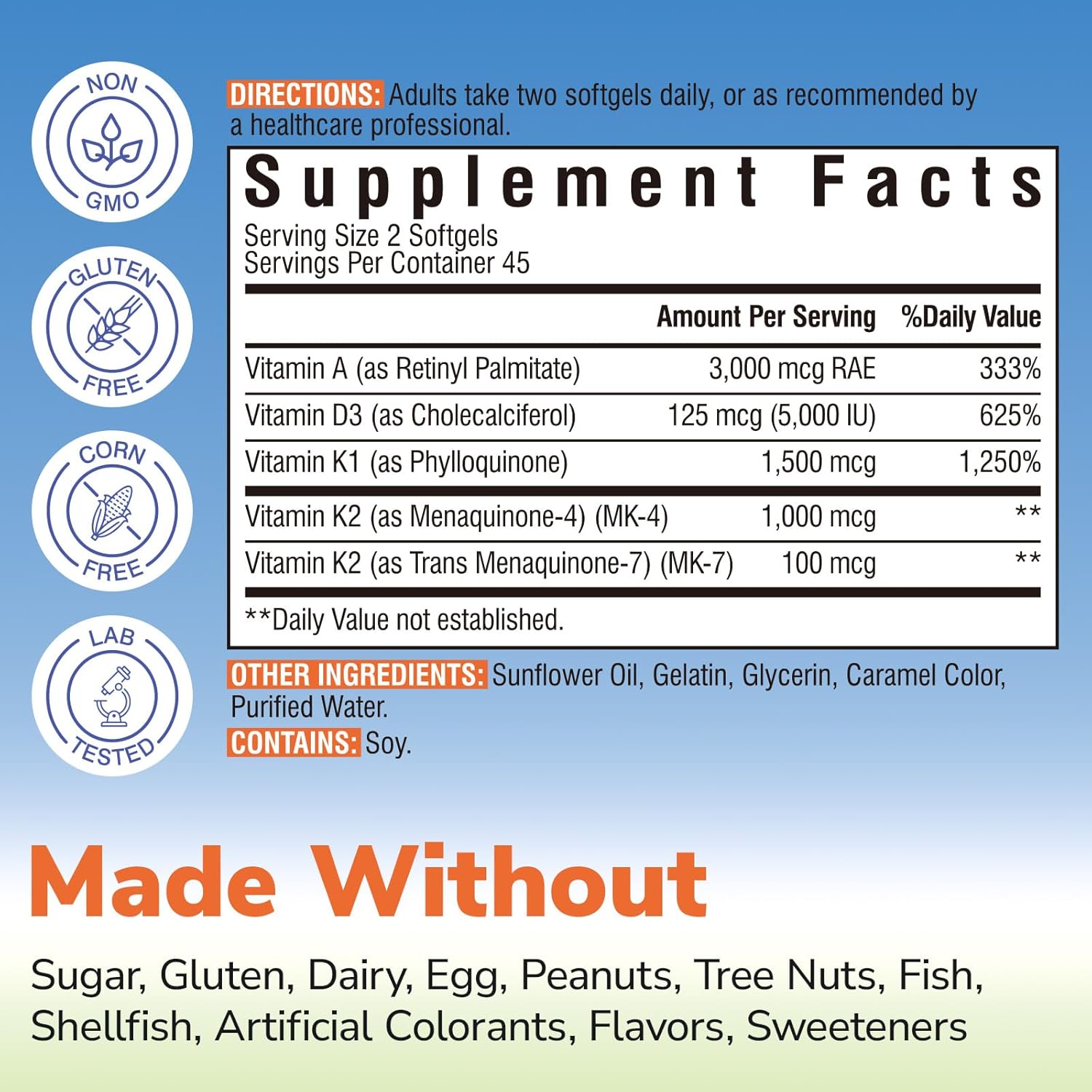 Vitalibre Vitamin K Complex 2600 mcg with Vitamin A & D3 5000 IU | Bioavailable K2 D3 Vitamin Supplement, Full Spectrum, for Bone Strength and Heart Health, 90 Softgels