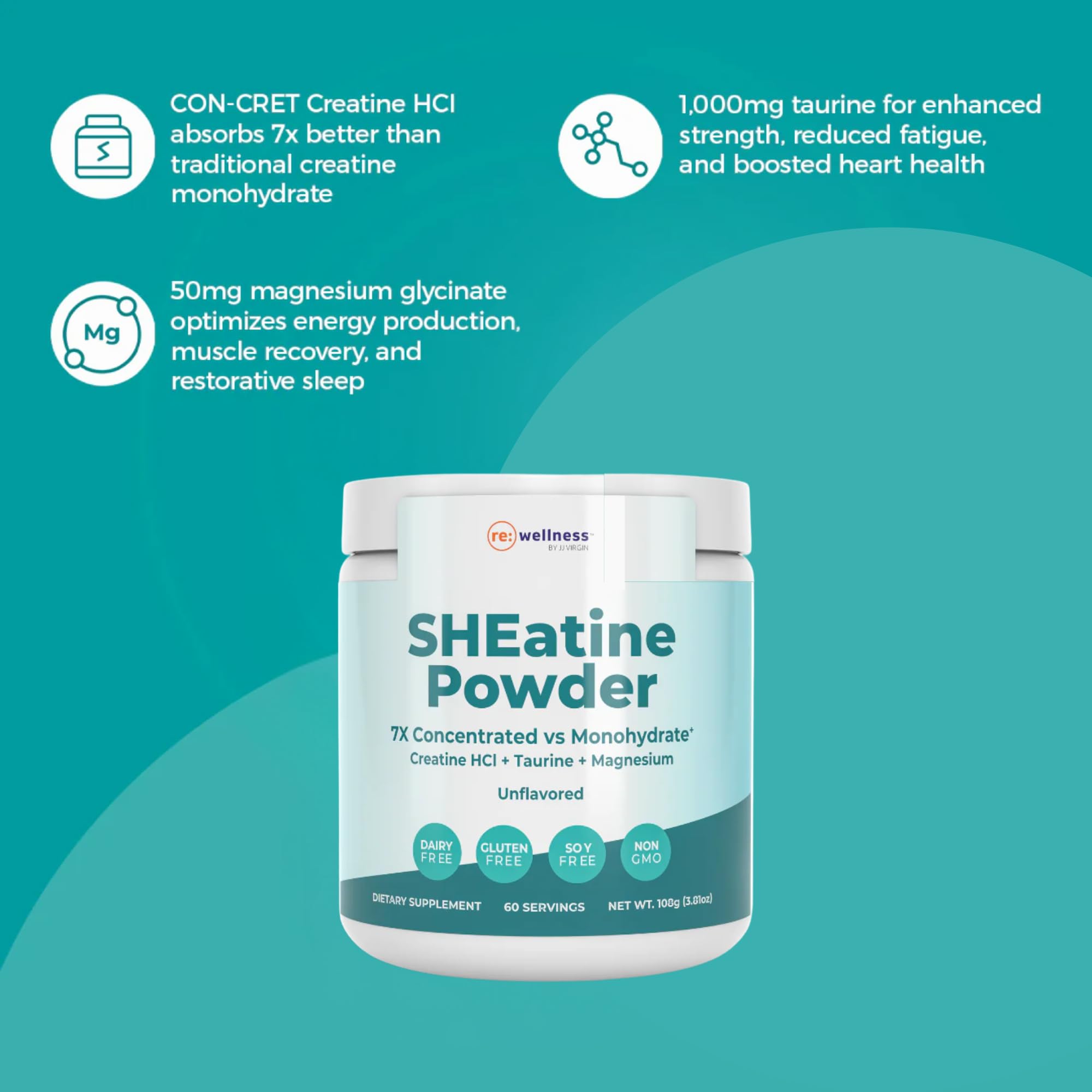 Reignite Wellness by JJ Virgin | SHEatine Powder | Creatine Trifecta for Powerful Aging | Creatine HCL, Taurine & Magnesium Glycinate | Orange Flavor 60 Servings