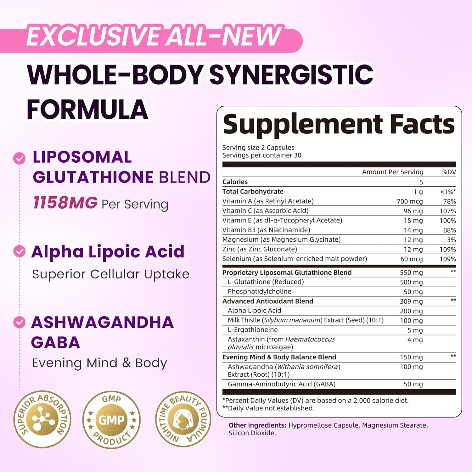 Liposomal Glutathione 1158mg with Astaxanthin for Skin Health 60 Vegan CT | 15-in-1 with Milk Thistle, Alpha Lipoic Acid, Antioxidant Complex for Nighttime Skin Radiance, Cellular Health & Liver Detox